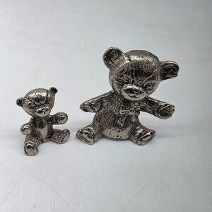 Set Of 2 Silver Tone Teddy Bear Figurines Collectibles Decor Accessories
